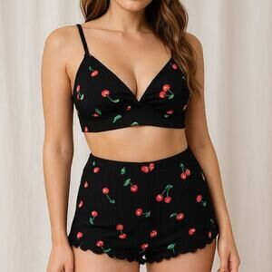 New Medium Black Cherry Set 2 Piece‎ Cami Pajama Set Shorts Bra Top PJ Lounge